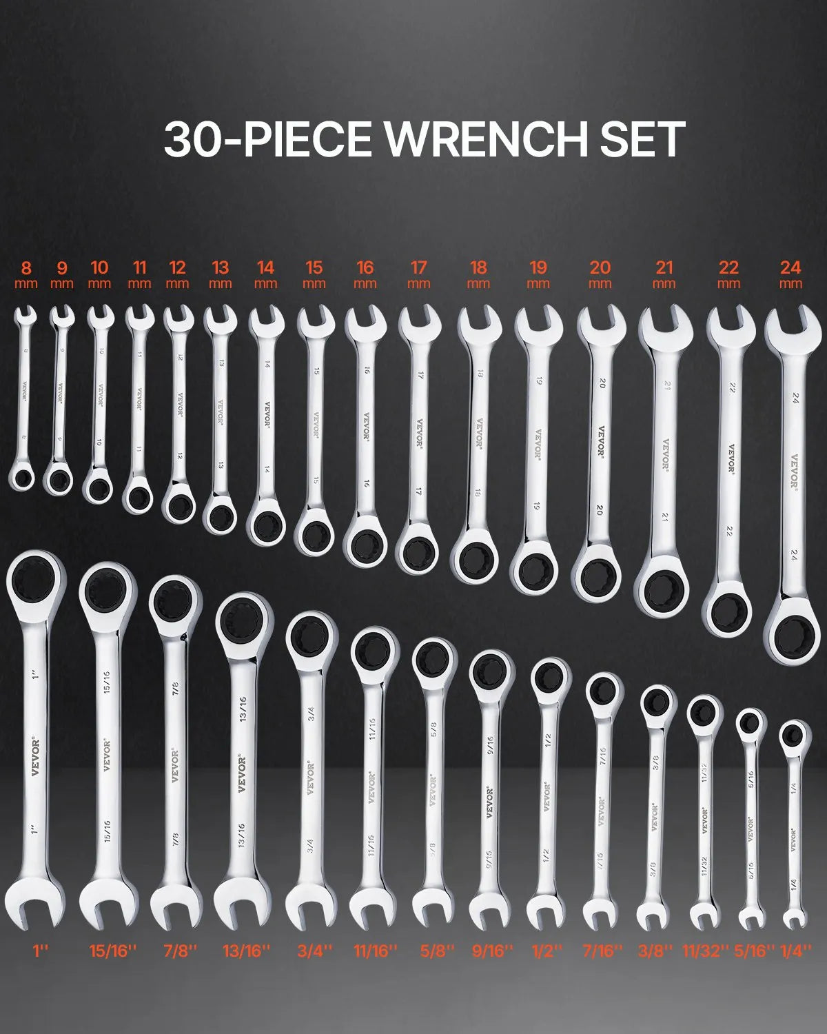 VEVOR 30-Piece Combination Spanner Set with Storage Rack, Cr-V Steel, Metric 8–24 mm, for Household Tasks, Garage, Workshop and Emergencies