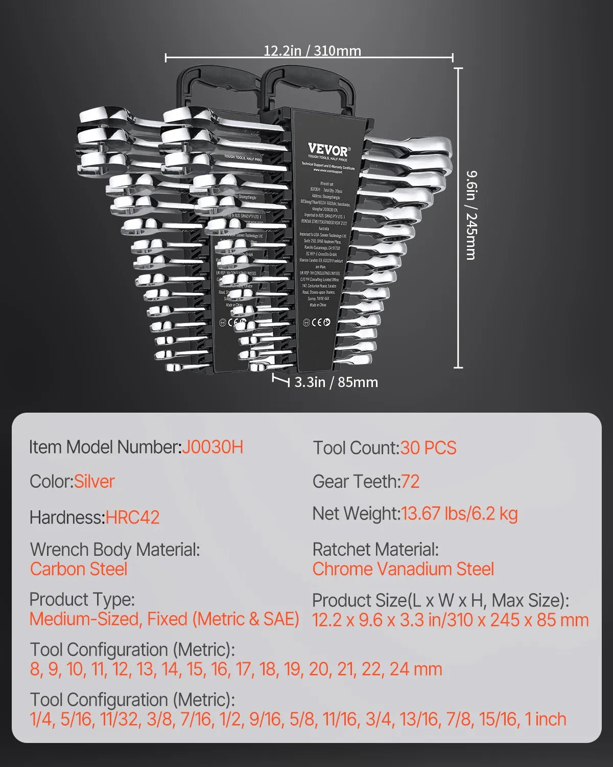 VEVOR 30-Piece Combination Spanner Set with Storage Rack, Cr-V Steel, Metric 8–24 mm, for Household Tasks, Garage, Workshop and Emergencies