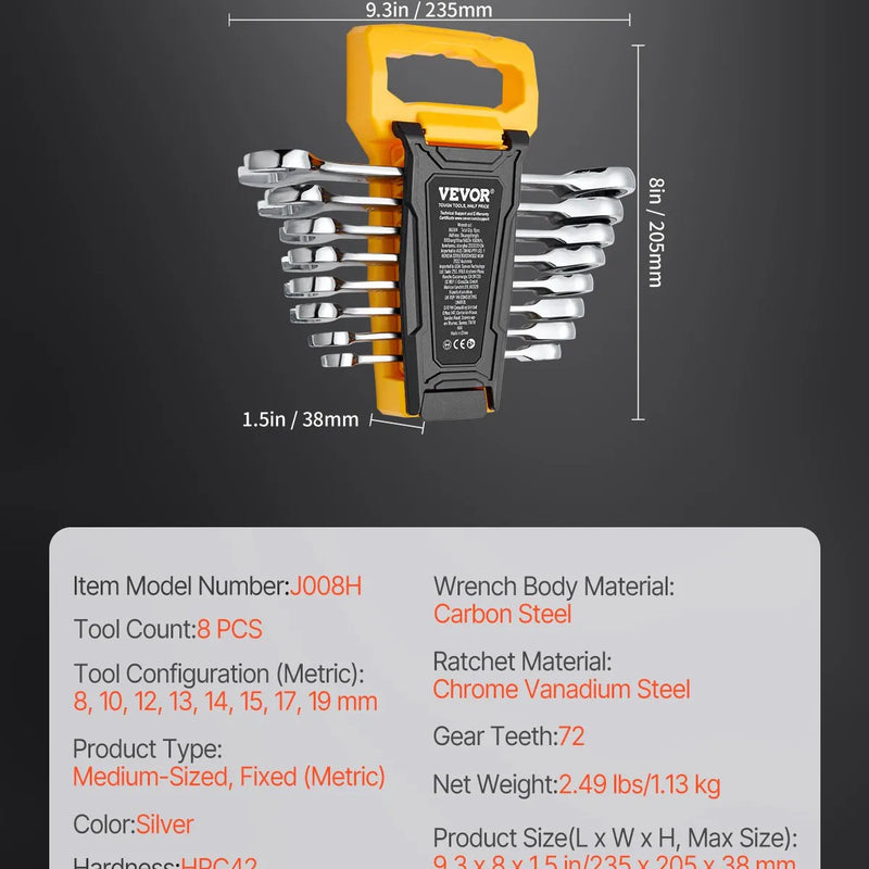Kombinēto atslēgu komplekts, 8 gab., metrisks, 8 mm līdz 19 mm ar organizatoru statīvu