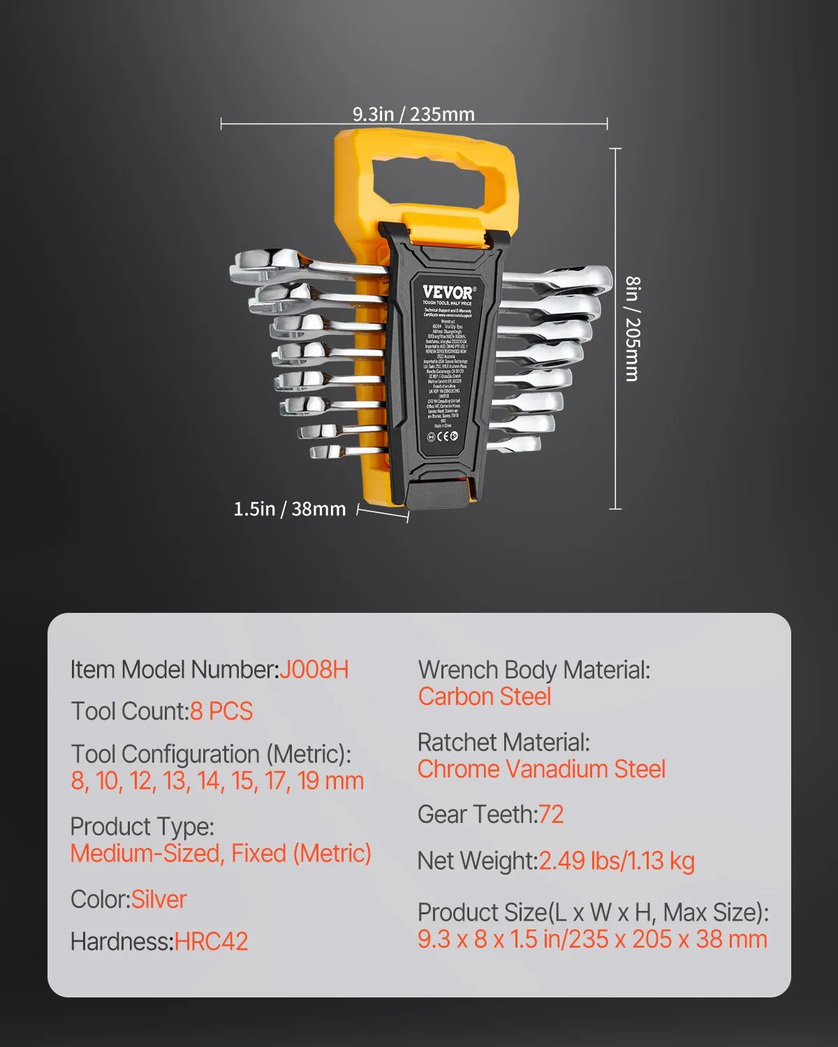 VEVOR 8-Piece Combination Spanner Set with Storage Rack, Cr-V Steel, Metric 8–19 mm, for Household Tasks, Garage, Workshop, Car Repair and Emergencies