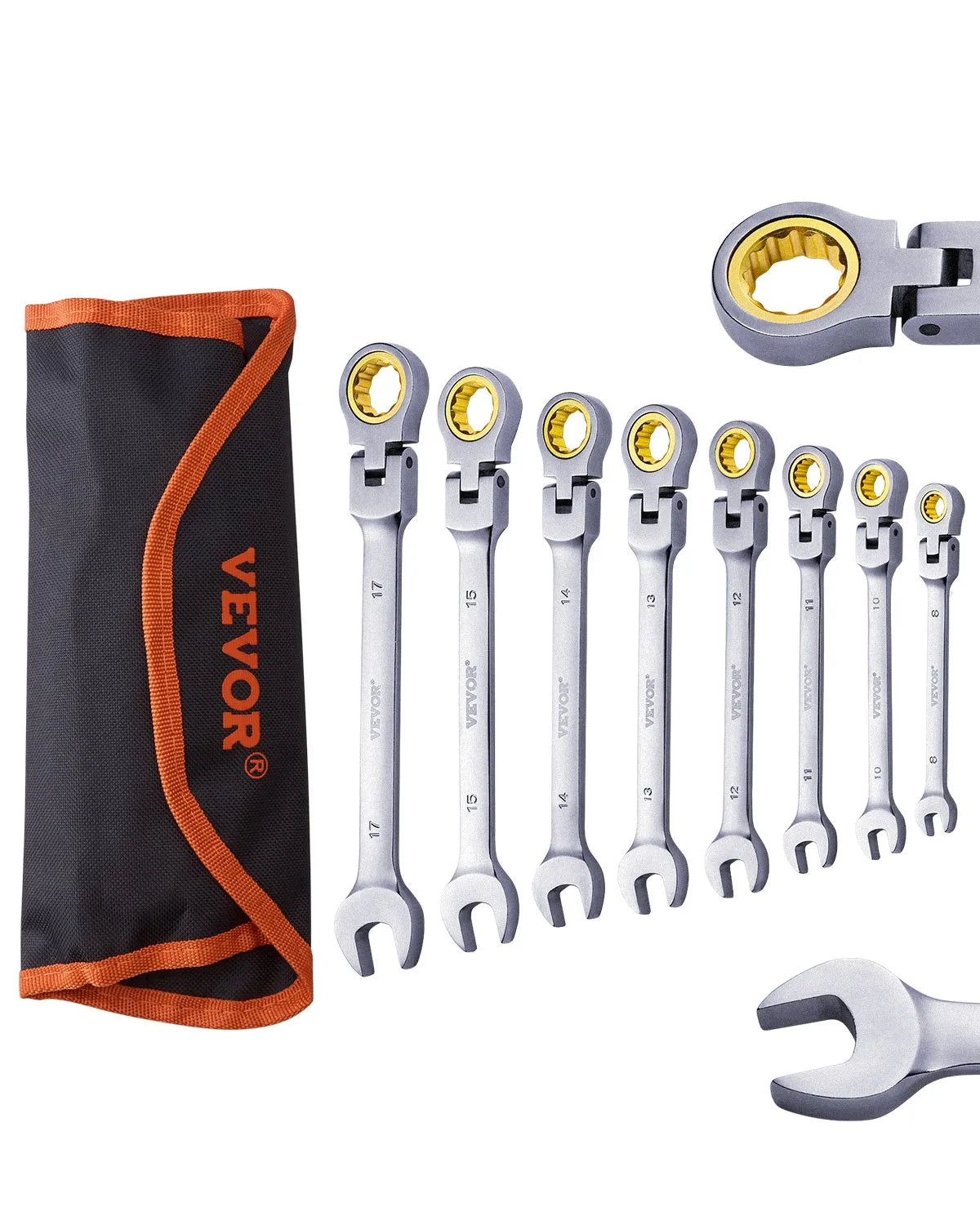 VEVOR Flexible Ratchet Wrench Set, 8 Pieces, Combination Wrench Set with Storage Bag, Cr-V Steel, Metric 8–17 mm, Suitable for Household and Auto Repair
