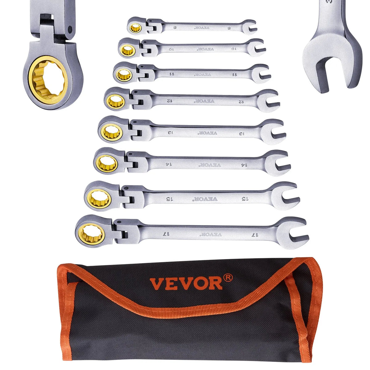VEVOR Flexible Ratchet Wrench Set, 8 Pieces, Combination Wrench Set with Storage Bag, Cr-V Steel, Metric 8–17 mm, Suitable for Household and Auto Repair