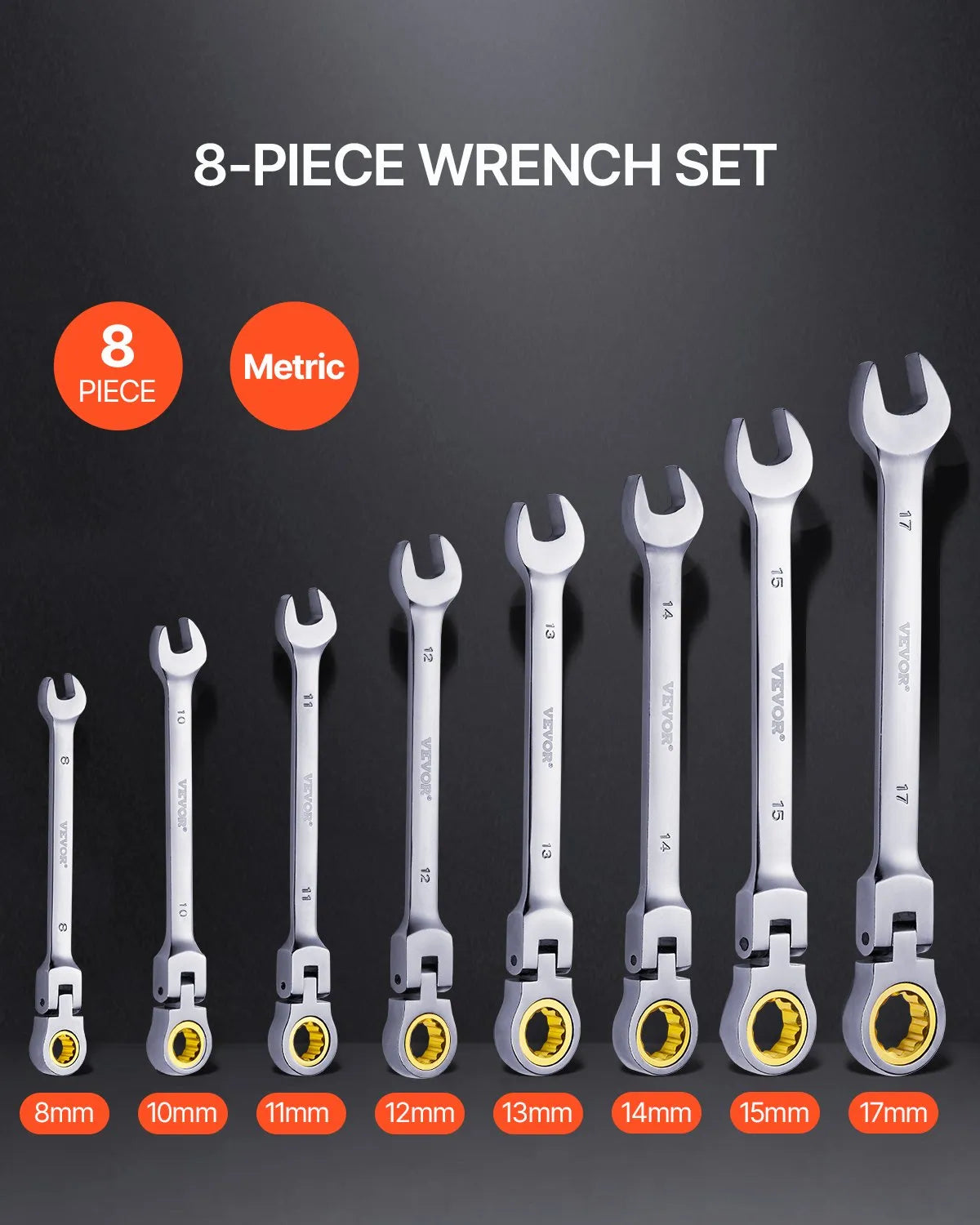 VEVOR Flexible Ratchet Wrench Set, 8 Pieces, Combination Wrench Set with Storage Bag, Cr-V Steel, Metric 8–17 mm, Suitable for Household and Auto Repair