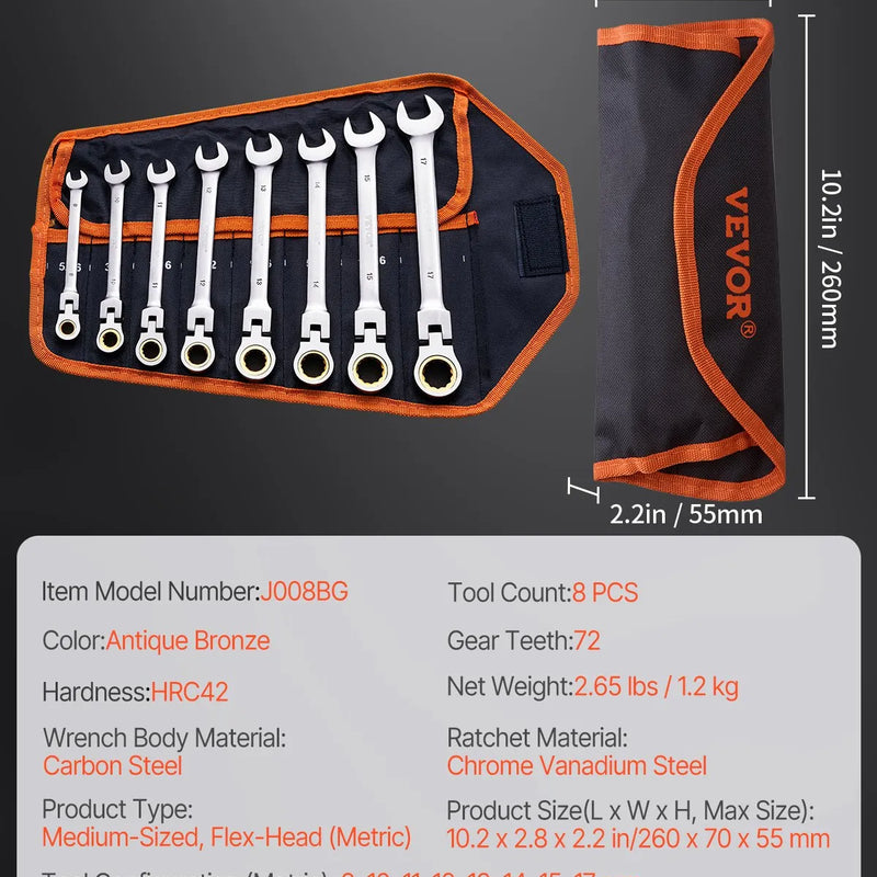 Lokanās galvas ročmehānisma atslēgu komplekts, 8 gab., metrisks, 8 mm-17 mm ar sarullējamu maciņu