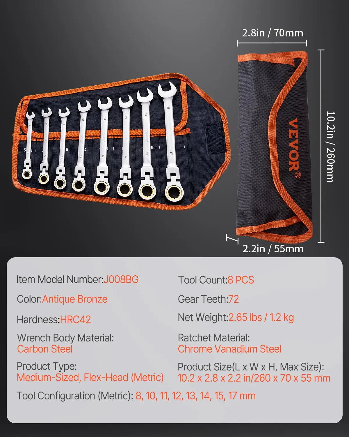 VEVOR Flexible Ratchet Wrench Set, 8 Pieces, Combination Wrench Set with Storage Bag, Cr-V Steel, Metric 8–17 mm, Suitable for Household and Auto Repair