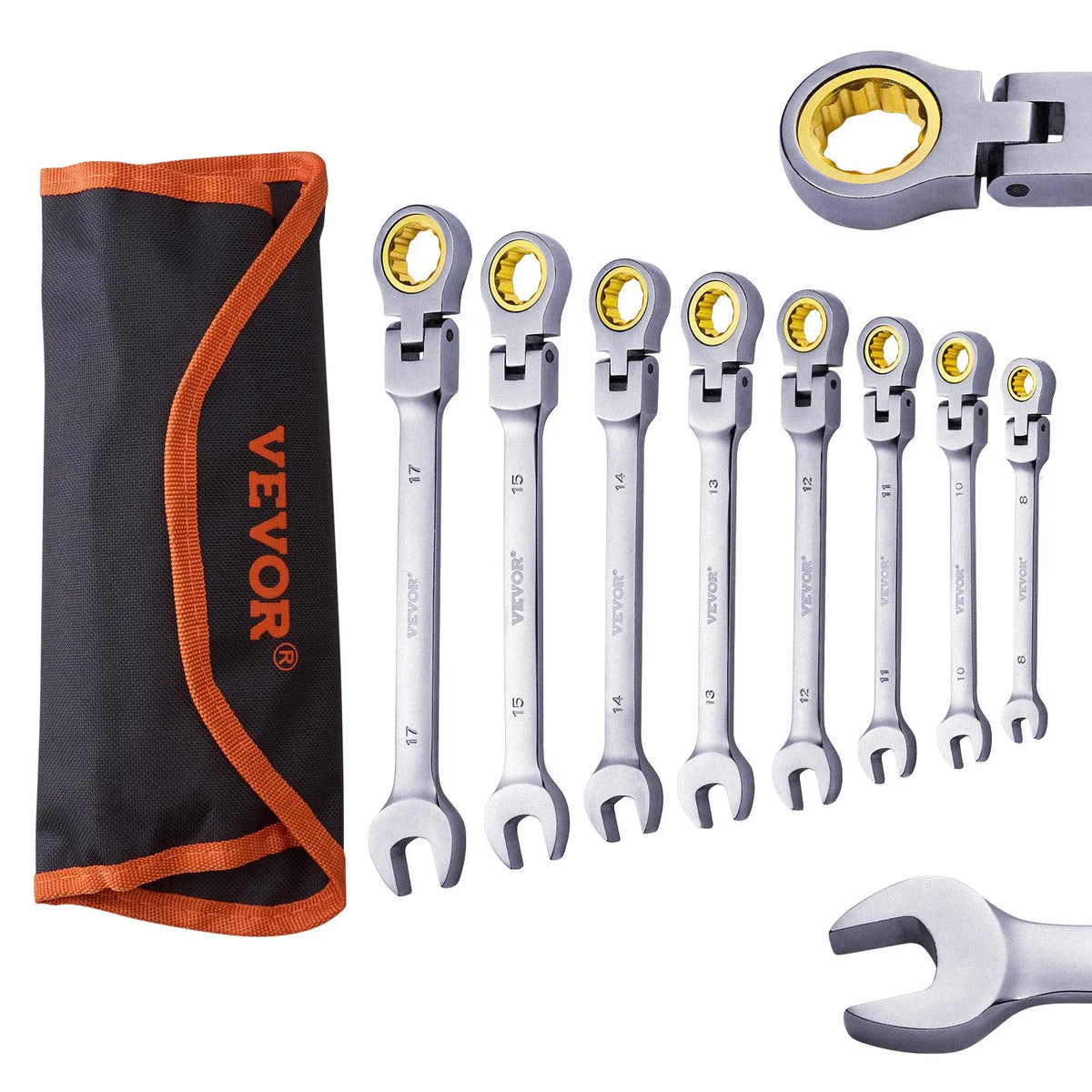 VEVOR Flexible Ratchet Wrench Set, 8 Pieces, Combination Wrench Set with Storage Bag, Cr-V Steel, Metric 8–17 mm, Suitable for Household and Auto Repair
