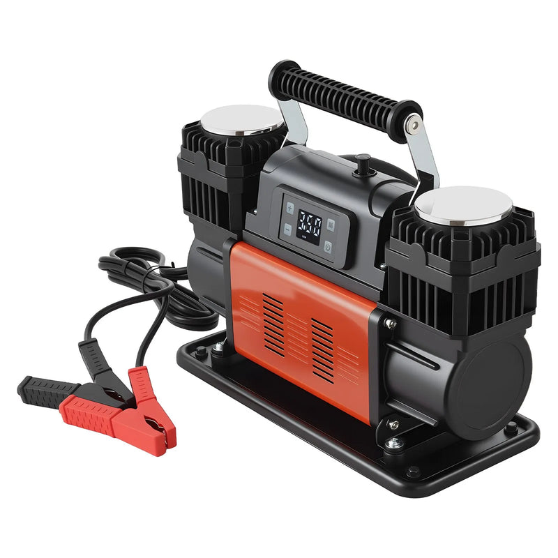 VEVOR divu cilindru lieljaudas gaisa kompresors, portatīvs riepu pumpis ar automātisku izslēgšanos, 300 l/min, 12 V, līdz 10,3 bar, bezceļu transportlīdzekļiem, ar LCD digitālo displeju un adapteriem automašīnām, SUV, 4×4 un kemperiem