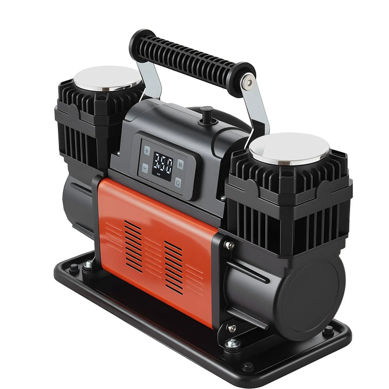 VEVOR divu cilindru lieljaudas gaisa kompresors, portatīvs riepu pumpis ar automātisku izslēgšanos, 300 l/min, 12 V, līdz 10,3 bar, bezceļu transportlīdzekļiem, ar LCD digitālo displeju un adapteriem automašīnām, SUV, 4×4 un kemperiem