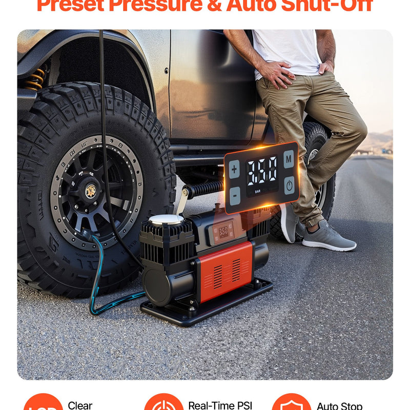 VEVOR divu cilindru lieljaudas gaisa kompresors, portatīvs riepu pumpis ar automātisku izslēgšanos, 300 l/min, 12 V, līdz 10,3 bar, bezceļu transportlīdzekļiem, ar LCD digitālo displeju un adapteriem automašīnām, SUV, 4×4 un kemperiem