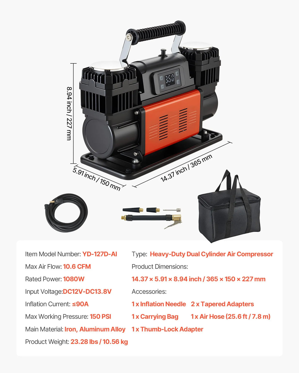 VEVOR divu cilindru lieljaudas gaisa kompresors, portatīvs riepu pumpis ar automātisku izslēgšanos, 300 l/min, 12 V, līdz 10,3 bar, bezceļu transportlīdzekļiem, ar LCD digitālo displeju un adapteriem automašīnām, SUV, 4×4 un kemperiem