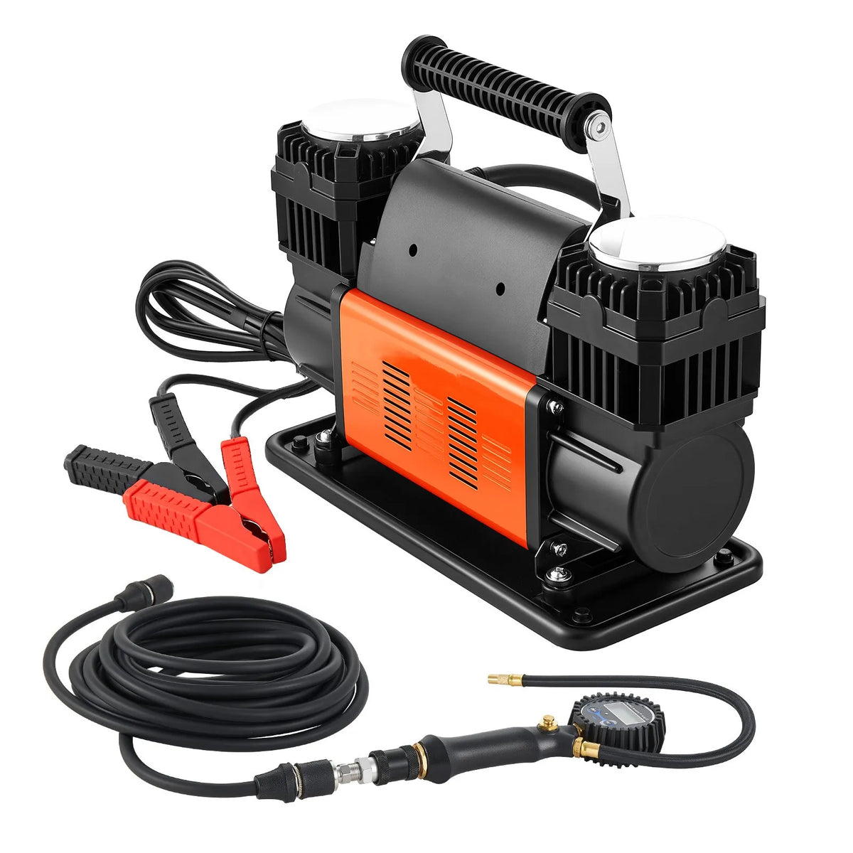 VEVOR Dual-Cylinder High-Power Air Compressor, Portable Tyre Inflator 300 l/min, 12 V Off-Road Air Pump with Digital Pressure Gauge and Adapters for Cars, SUVs, 4×4 Vehicles and Campers