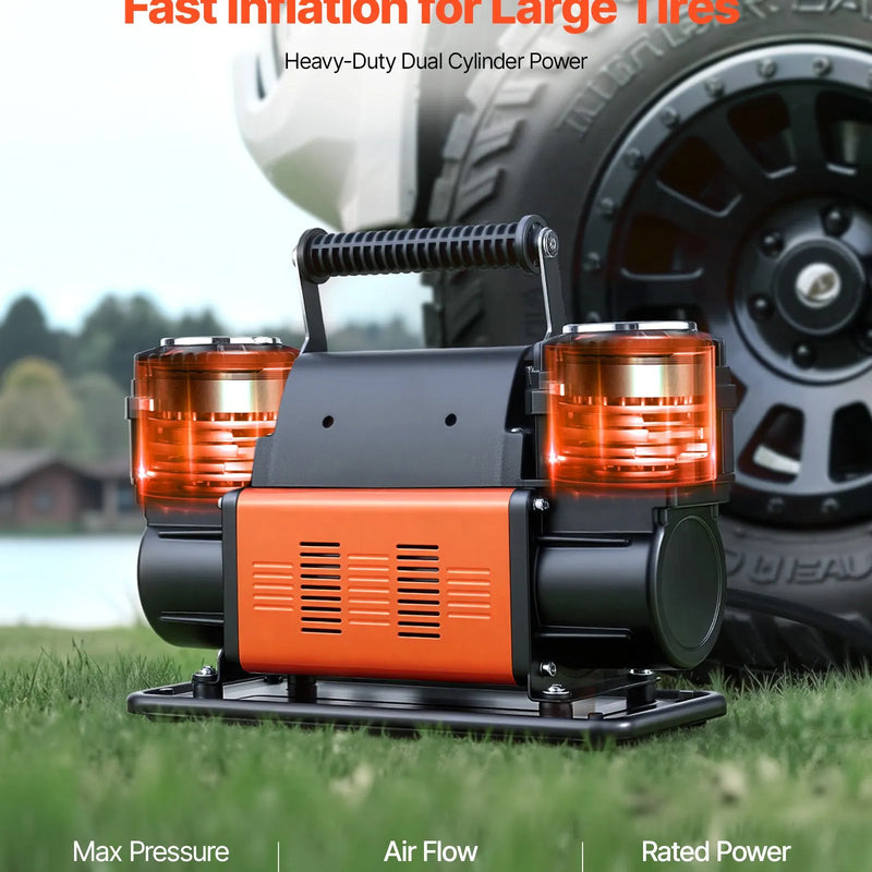 VEVOR divcilindru lieljaudas gaisa kompresors, portatīvs riepu piepumpētājs 300 l/min, 12 V bezceļu gaisa sūknis ar digitālo spiediena mērītāju un adapteriem automašīnām, SUV, 4×4 transportlīdzekļiem un kemperiem