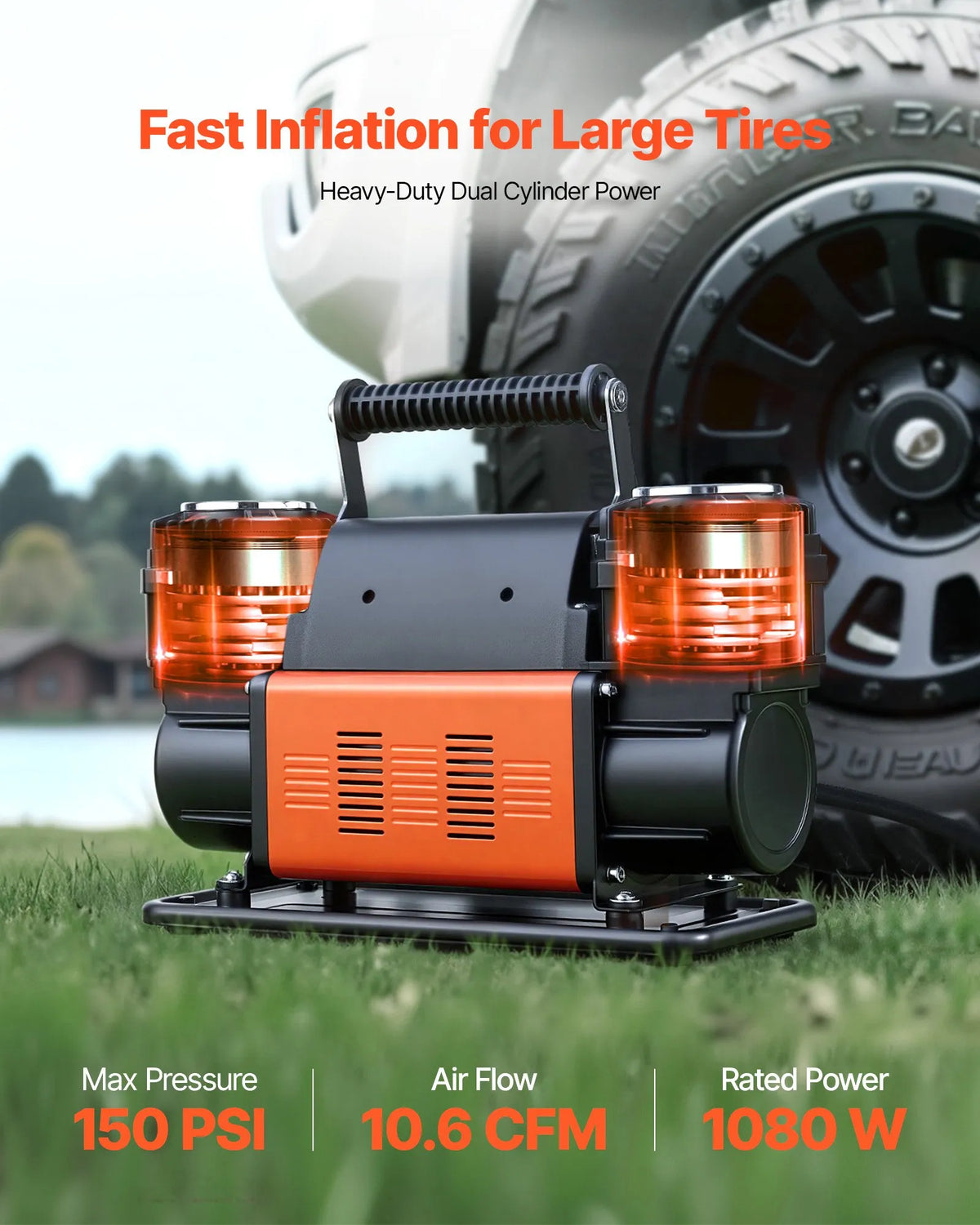 VEVOR Dual-Cylinder High-Power Air Compressor, Portable Tyre Inflator 300 l/min, 12 V Off-Road Air Pump with Digital Pressure Gauge and Adapters for Cars, SUVs, 4×4 Vehicles and Campers