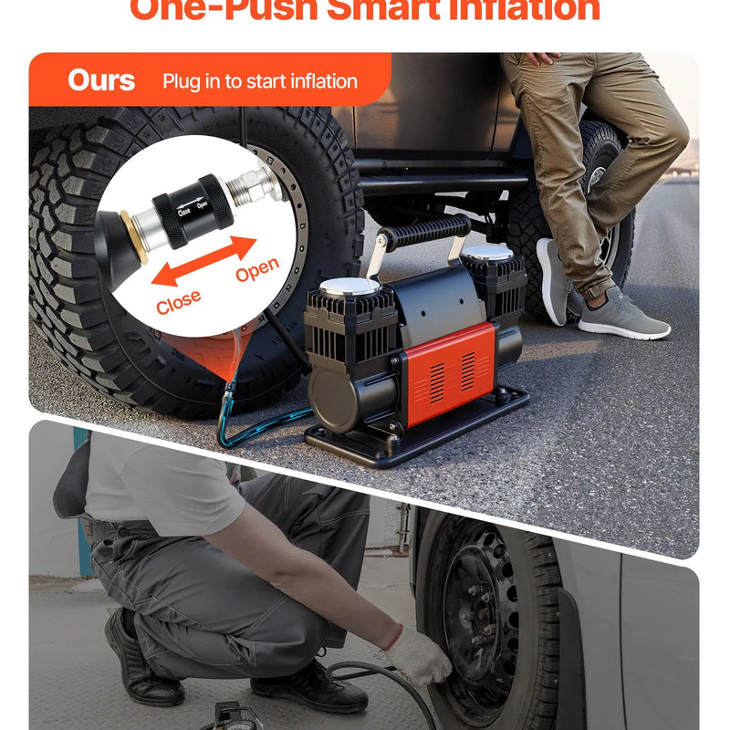 VEVOR divcilindru lieljaudas gaisa kompresors, portatīvs riepu piepumpētājs 300 l/min, 12 V bezceļu gaisa sūknis ar digitālo spiediena mērītāju un adapteriem automašīnām, SUV, 4×4 transportlīdzekļiem un kemperiem