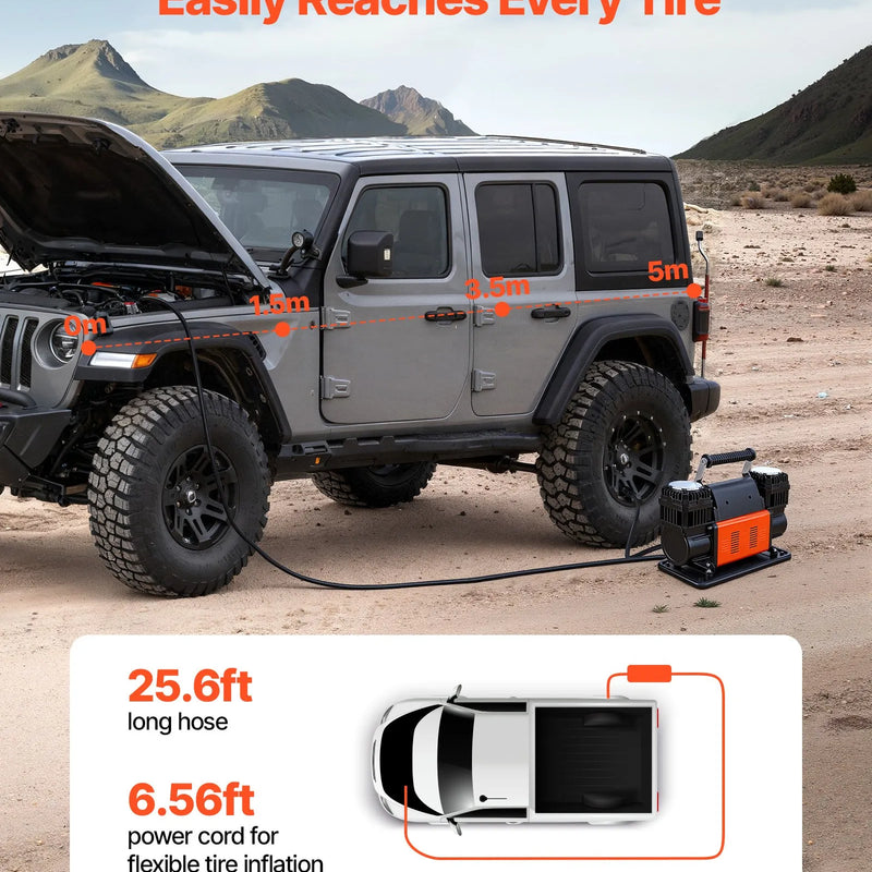 VEVOR divcilindru lieljaudas gaisa kompresors, portatīvs riepu piepumpētājs 300 l/min, 12 V bezceļu gaisa sūknis ar digitālo spiediena mērītāju un adapteriem automašīnām, SUV, 4×4 transportlīdzekļiem un kemperiem