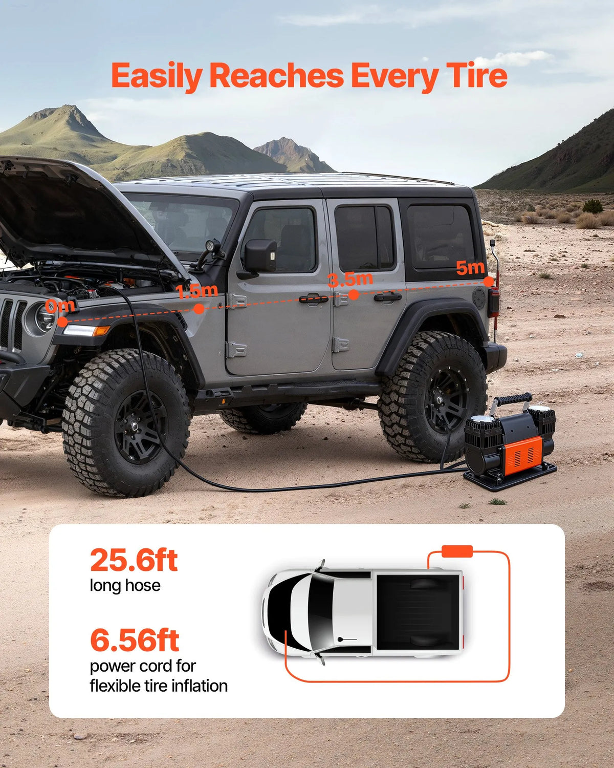 VEVOR Dual-Cylinder High-Power Air Compressor, Portable Tyre Inflator 300 l/min, 12 V Off-Road Air Pump with Digital Pressure Gauge and Adapters for Cars, SUVs, 4×4 Vehicles and Campers