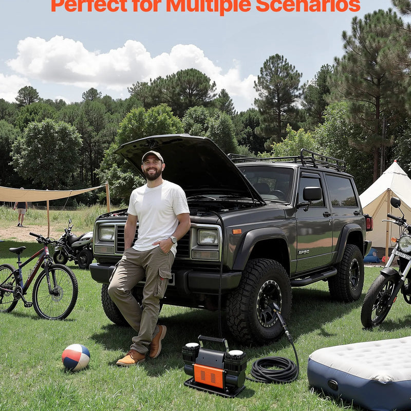 VEVOR divcilindru lieljaudas gaisa kompresors, portatīvs riepu piepumpētājs 300 l/min, 12 V bezceļu gaisa sūknis ar digitālo spiediena mērītāju un adapteriem automašīnām, SUV, 4×4 transportlīdzekļiem un kemperiem