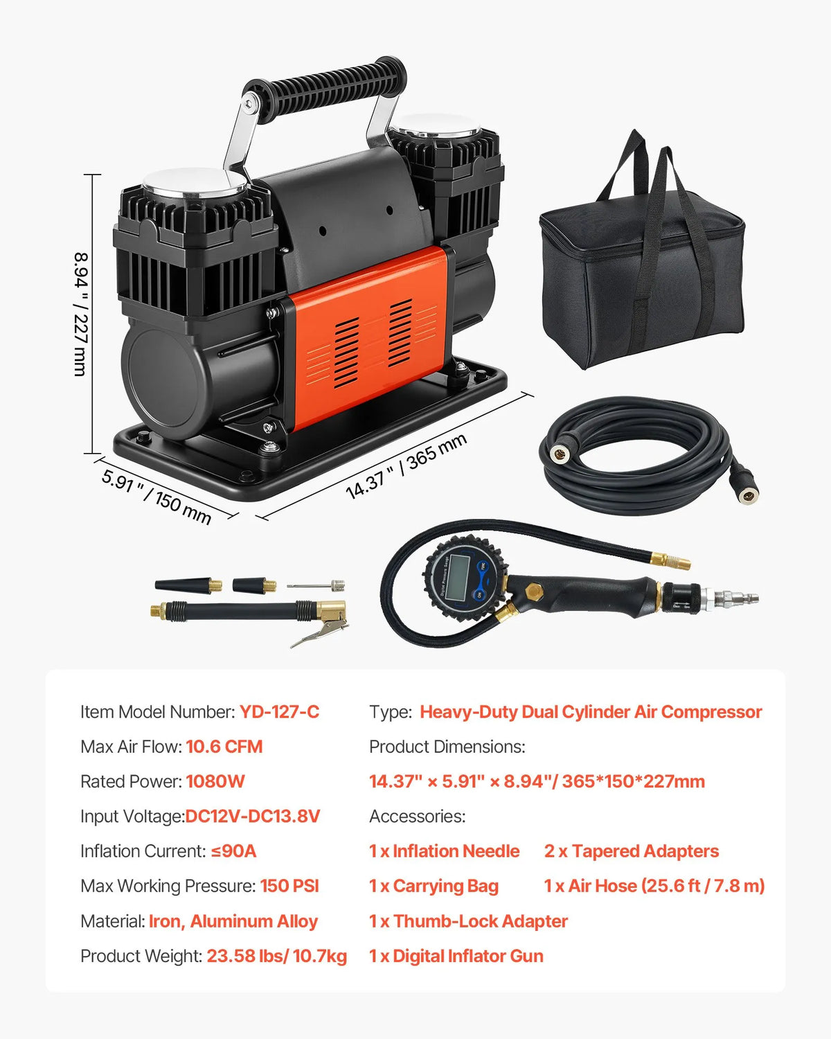 VEVOR Dual-Cylinder High-Power Air Compressor, Portable Tyre Inflator 300 l/min, 12 V Off-Road Air Pump with Digital Pressure Gauge and Adapters for Cars, SUVs, 4×4 Vehicles and Campers
