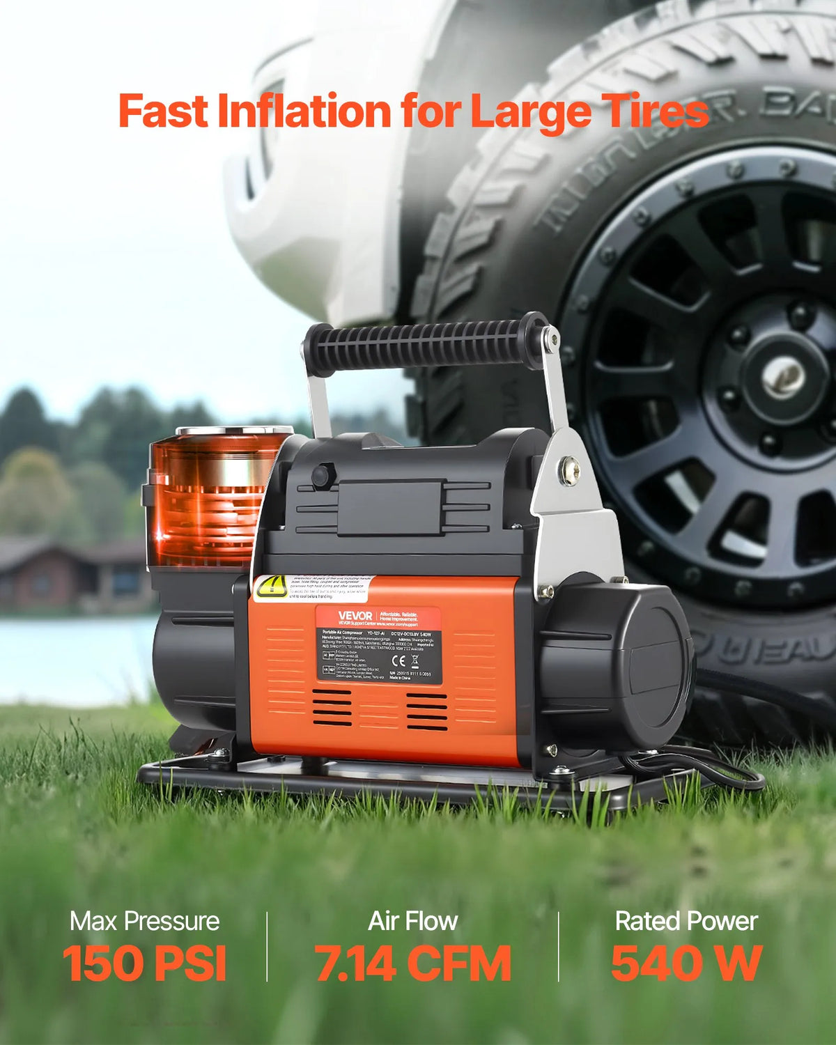 VEVOR 12V High-Power Air Compressor, Portable Tyre Inflator with Auto Shut-Off and LCD Display, Air Flow 202 l/min, Pressure up to 10.3 bar, for Cars, 4×4 and Campers