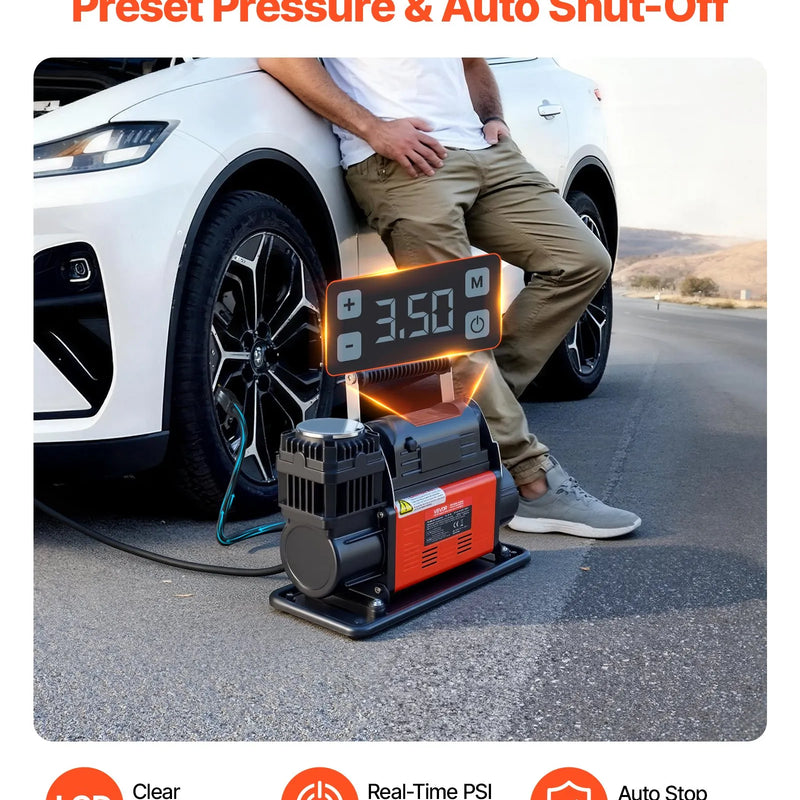 VEVOR 12 V lieljaudas gaisa kompresors, portatīvs riepu piepumpētājs ar automātisko izslēgšanos un LCD displeju, gaisa plūsma 202 l/min, spiediens līdz 10,3 bar, automašīnām, 4×4 un kemperiem