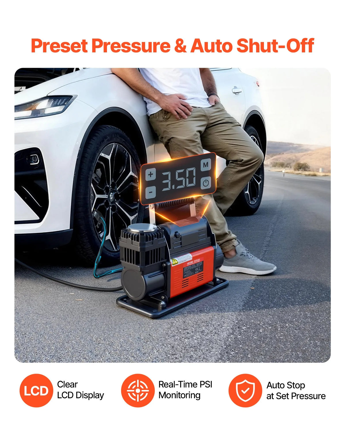VEVOR 12V High-Power Air Compressor, Portable Tyre Inflator with Auto Shut-Off and LCD Display, Air Flow 202 l/min, Pressure up to 10.3 bar, for Cars, 4×4 and Campers