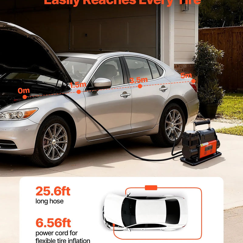 VEVOR 12 V lieljaudas gaisa kompresors, portatīvs riepu piepumpētājs ar automātisko izslēgšanos un LCD displeju, gaisa plūsma 202 l/min, spiediens līdz 10,3 bar, automašīnām, 4×4 un kemperiem