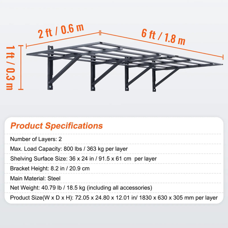 Uzglabāšanas plaukti 2 gab. 183 × 61 cm pie sienas stiprināmi smagās slodzes garāžas plaukti 726 kg
