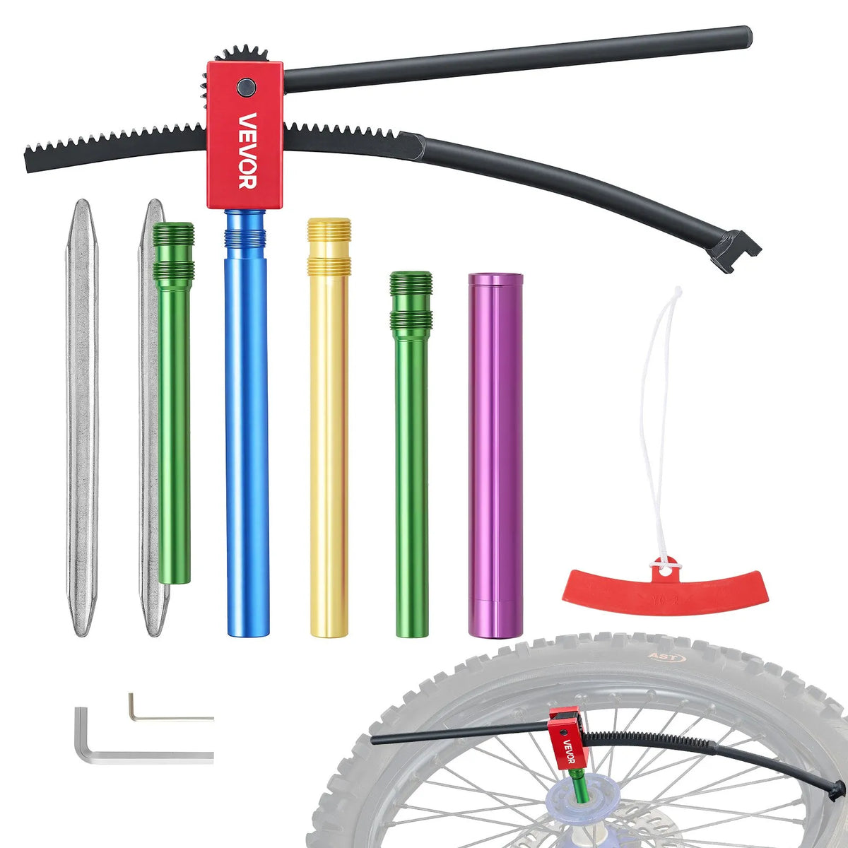 VEVOR motocikla riepu maiņas komplekts bezceļa motocikliem, piemērots 406–533 mm riteņiem, 15–25 mm ass adapteri, kompakts riepu maiņas statīvs ar 2 montāžas stieņiem un aizsarguzmavu - ZEMLETES.LV