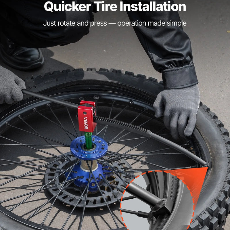VEVOR motocikla riepu maiņas komplekts bezceļa motocikliem, piemērots 406–533 mm riteņiem, 15–25 mm ass adapteri, kompakts riepu maiņas statīvs ar 2 montāžas stieņiem un aizsarguzmavu - ZEMLETES.LV