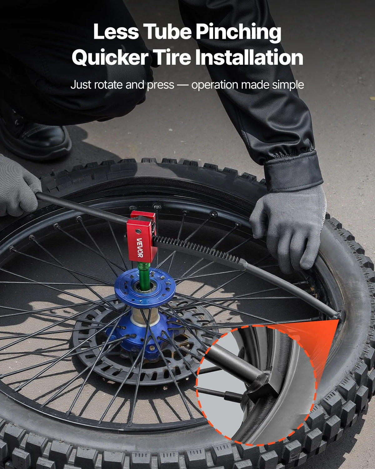 VEVOR motocikla riepu maiņas komplekts bezceļa motocikliem, piemērots 406–533 mm riteņiem, 15–25 mm ass adapteri, kompakts riepu maiņas statīvs ar 2 montāžas stieņiem un aizsarguzmavu - ZEMLETES.LV