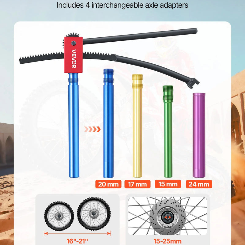 VEVOR motocikla riepu maiņas komplekts bezceļa motocikliem, piemērots 406–533 mm riteņiem, 15–25 mm ass adapteri, kompakts riepu maiņas statīvs ar 2 montāžas stieņiem un aizsarguzmavu - ZEMLETES.LV