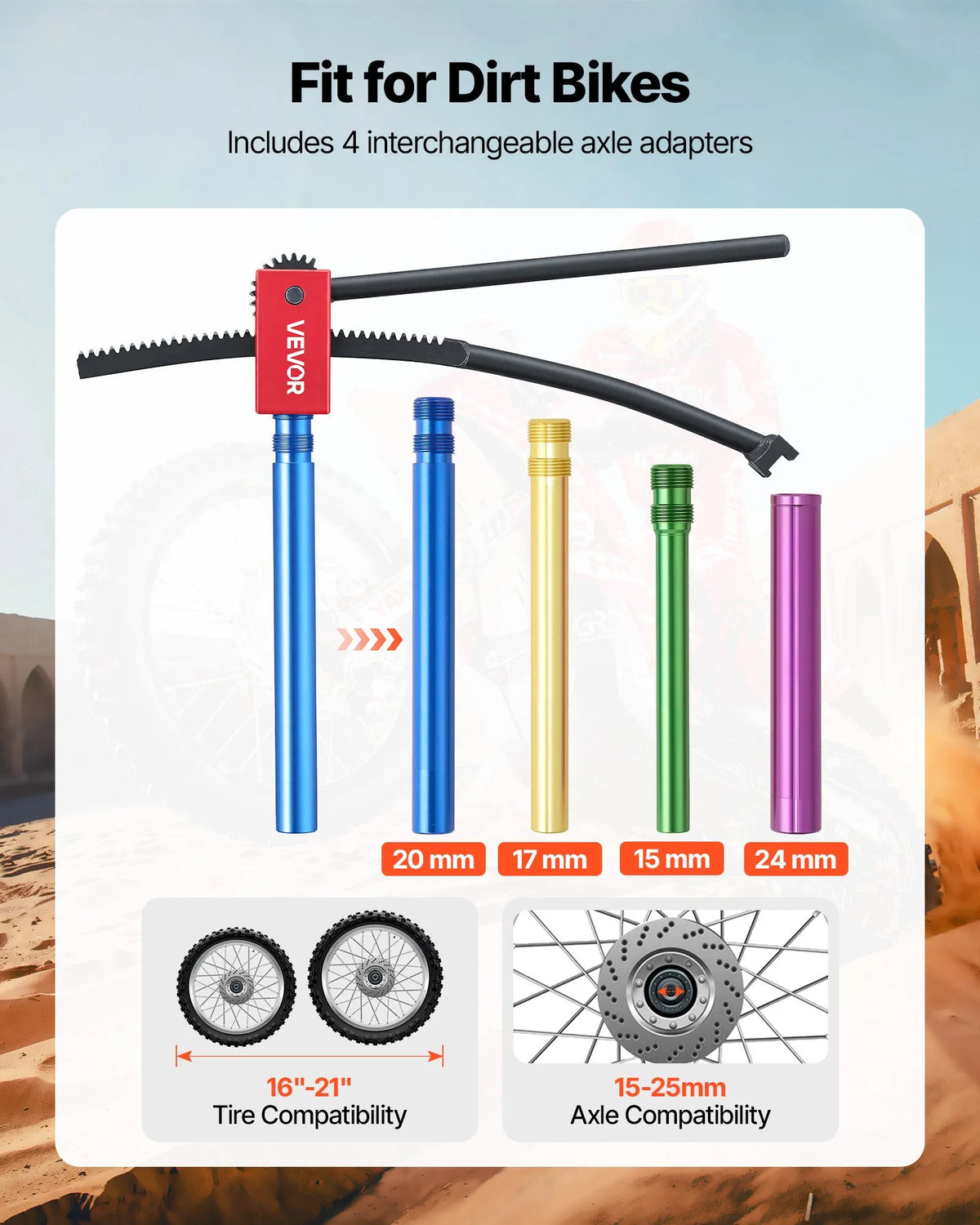 VEVOR motocikla riepu maiņas komplekts bezceļa motocikliem, piemērots 406–533 mm riteņiem, 15–25 mm ass adapteri, kompakts riepu maiņas statīvs ar 2 montāžas stieņiem un aizsarguzmavu - ZEMLETES.LV