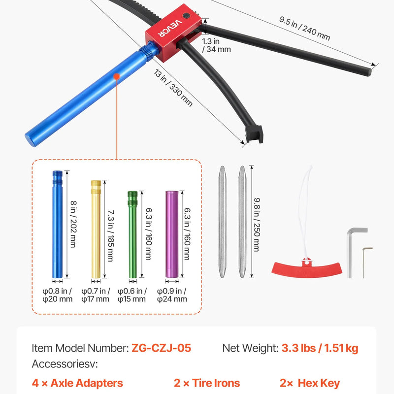 VEVOR motocikla riepu maiņas komplekts bezceļa motocikliem, piemērots 406–533 mm riteņiem, 15–25 mm ass adapteri, kompakts riepu maiņas statīvs ar 2 montāžas stieņiem un aizsarguzmavu - ZEMLETES.LV
