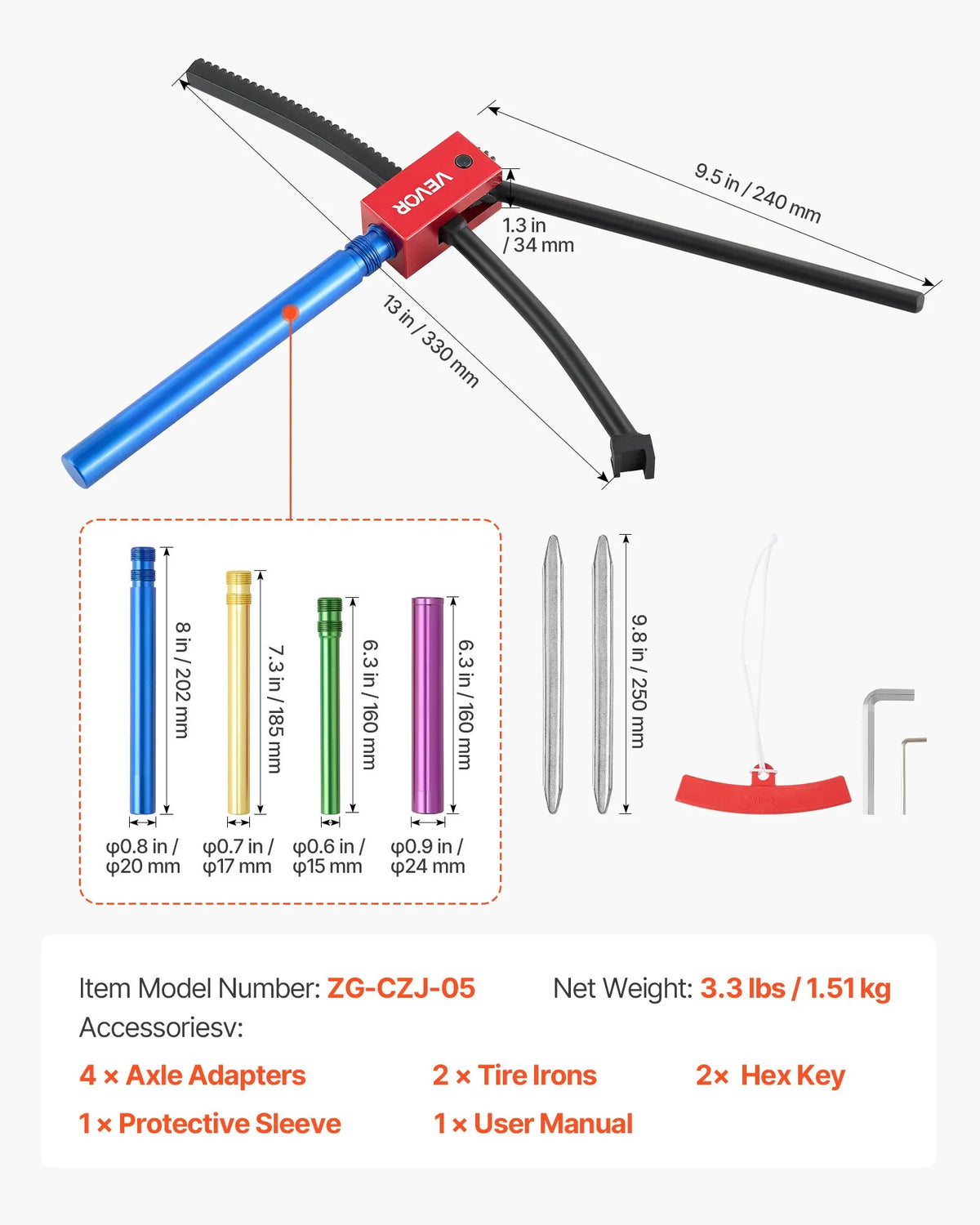 VEVOR motocikla riepu maiņas komplekts bezceļa motocikliem, piemērots 406–533 mm riteņiem, 15–25 mm ass adapteri, kompakts riepu maiņas statīvs ar 2 montāžas stieņiem un aizsarguzmavu - ZEMLETES.LV