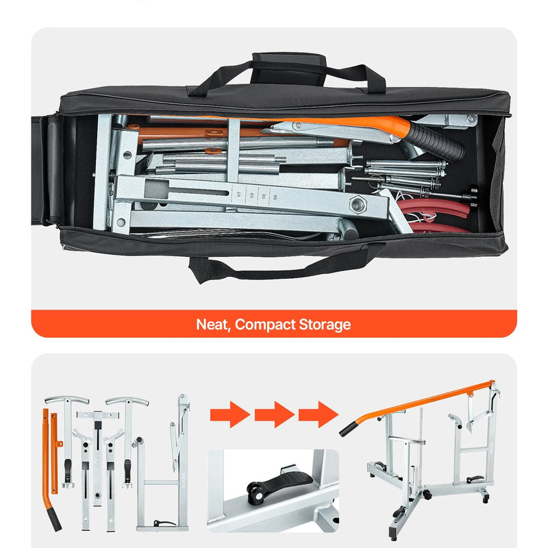 VEVOR motocikla un dual-sport riepu montāžas iekārta 406–533 mm riteņiem, 15/17/20/25 mm asīm, smagās klases riepu maiņas komplekts ar bortu atdalītāju, montāžas svirām, aizsarguzmavām un uzglabāšanas somu