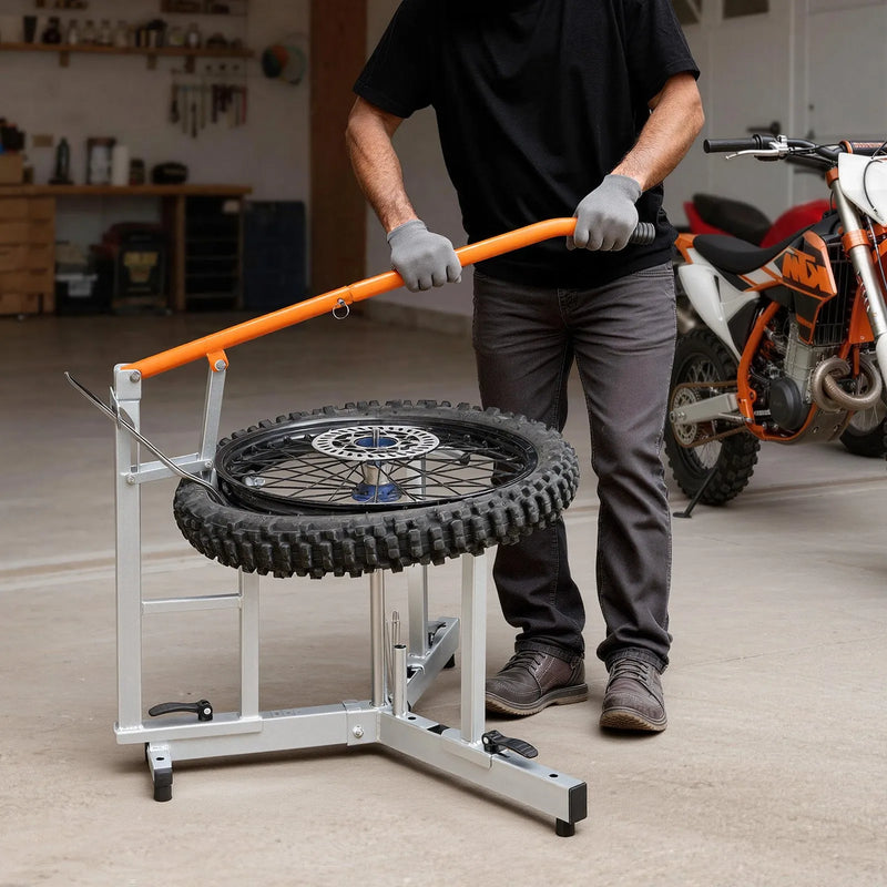 VEVOR motocikla un dual-sport riepu montāžas iekārta 406–533 mm riteņiem, 15/17/20/25 mm asīm, smagās klases riepu maiņas komplekts ar bortu atdalītāju, montāžas svirām, aizsarguzmavām un uzglabāšanas somu