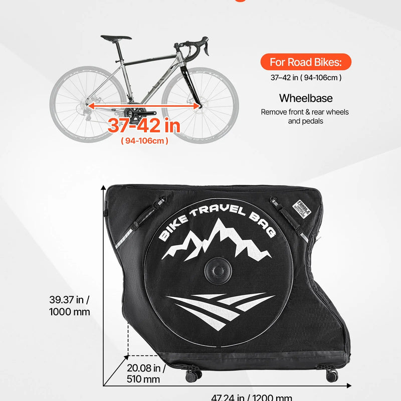 VEVOR šosejas velosipēda transportēšanas soma ar TSA slēdzeni un dubulto rāvējslēdzēju, piemērota velosipēdiem ar riteņu bāzi 94–106 cm, melna, ceļošanai ar lidmašīnu, automašīnu, vilcienu un sabiedrisko transportu - ZEMLETES.LV