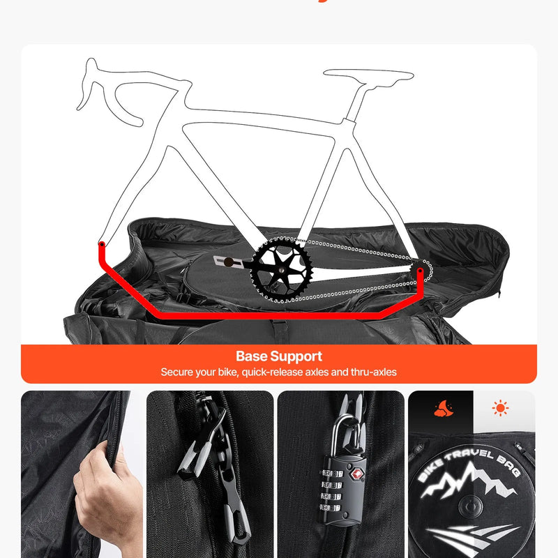 VEVOR šosejas velosipēda transportēšanas soma ar TSA slēdzeni un dubulto rāvējslēdzēju, piemērota velosipēdiem ar riteņu bāzi 94–106 cm, melna, ceļošanai ar lidmašīnu, automašīnu, vilcienu un sabiedrisko transportu - ZEMLETES.LV