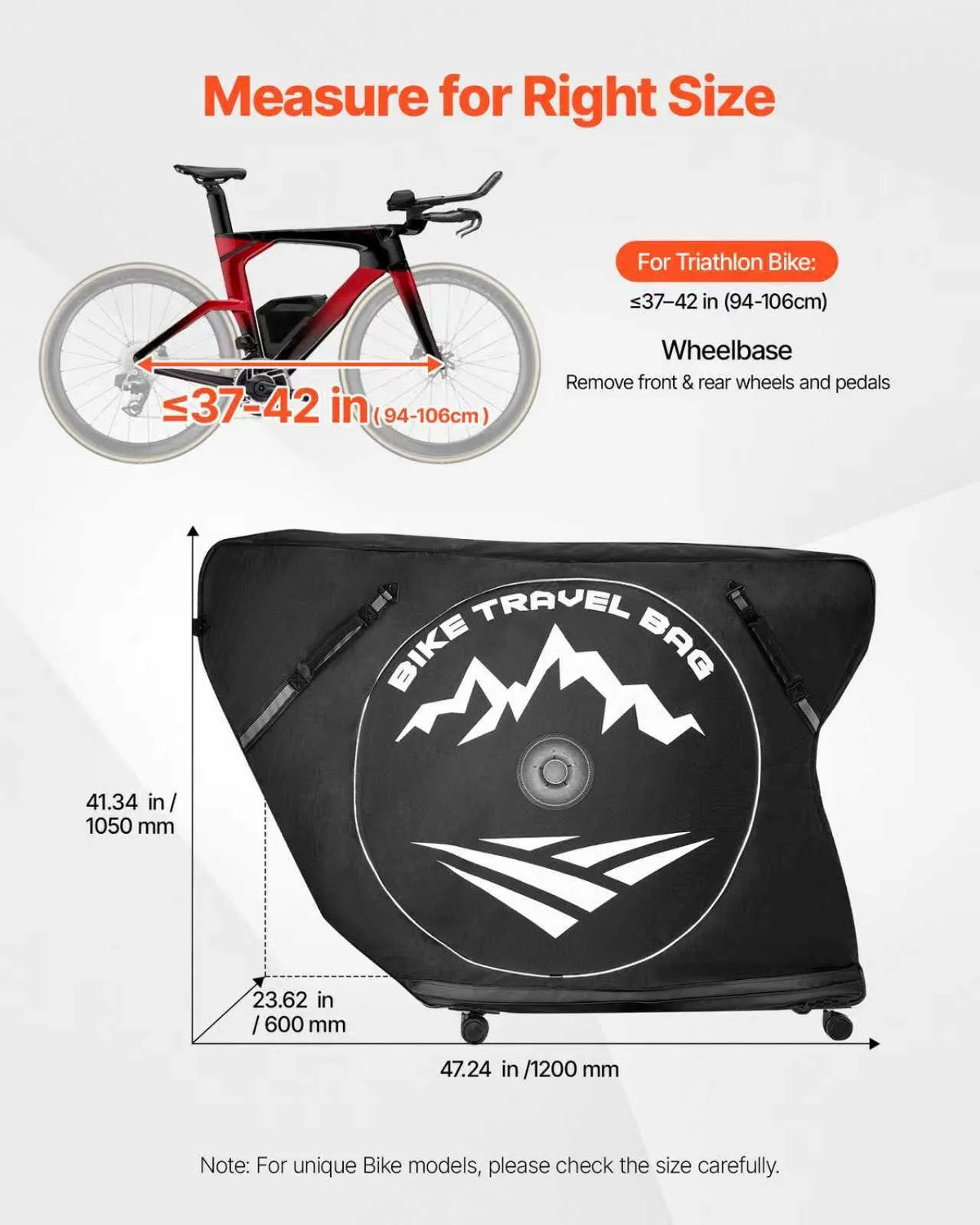 VEVOR triatlona velosipēda transportēšanas soma ar TSA slēdzeni un dubulto rāvējslēdzēju, piemērota velosipēdiem ar maksimālo riteņu bāzi 106 cm, ceļošanai ar lidmašīnu, vilcienu un sabiedrisko transportu, āra lietošanai - ZEMLETES.LV