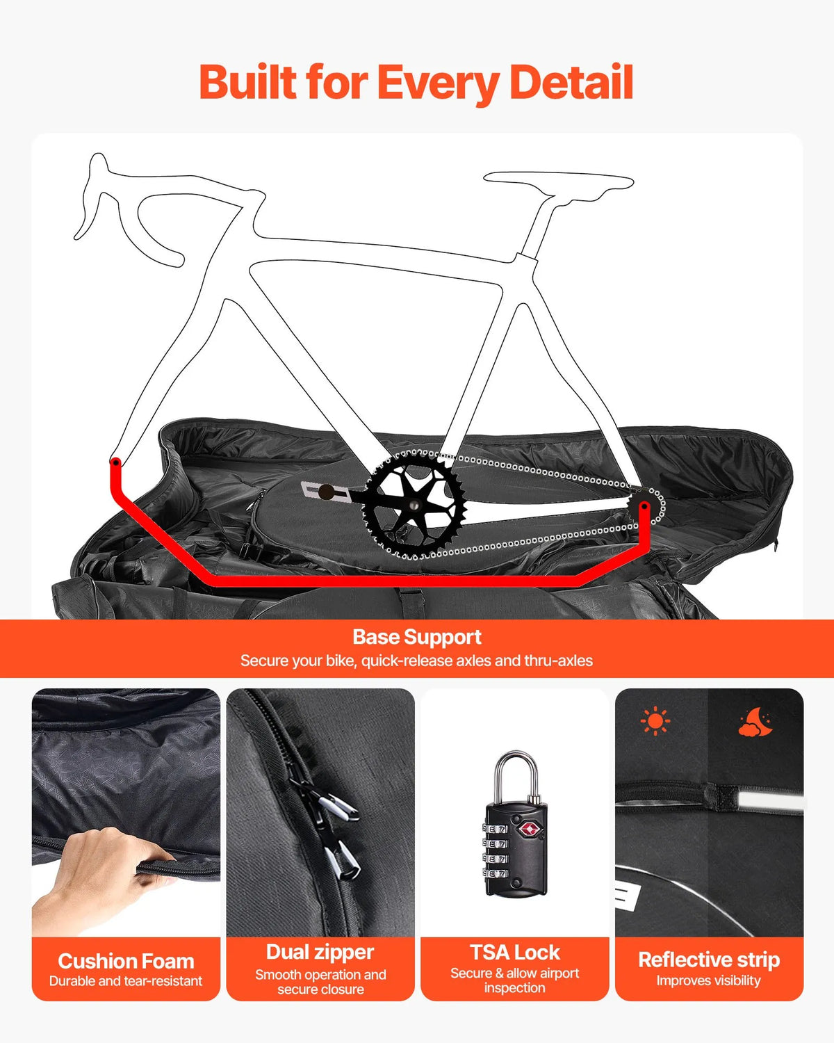 VEVOR triatlona velosipēda transportēšanas soma ar TSA slēdzeni un dubulto rāvējslēdzēju, piemērota velosipēdiem ar maksimālo riteņu bāzi 106 cm, ceļošanai ar lidmašīnu, vilcienu un sabiedrisko transportu, āra lietošanai - ZEMLETES.LV