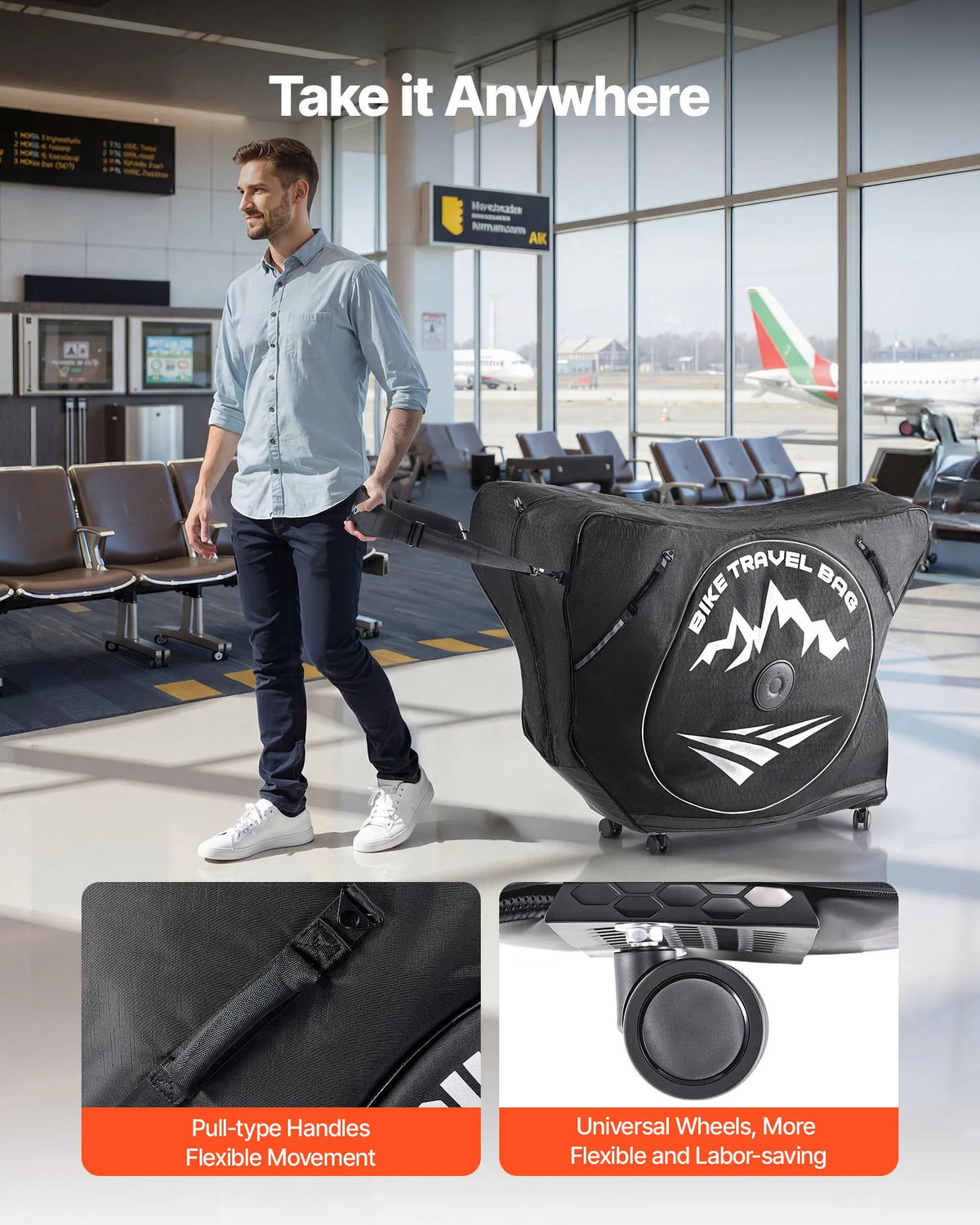 VEVOR triatlona velosipēda transportēšanas soma ar TSA slēdzeni un dubulto rāvējslēdzēju, piemērota velosipēdiem ar maksimālo riteņu bāzi 106 cm, ceļošanai ar lidmašīnu, vilcienu un sabiedrisko transportu, āra lietošanai - ZEMLETES.LV