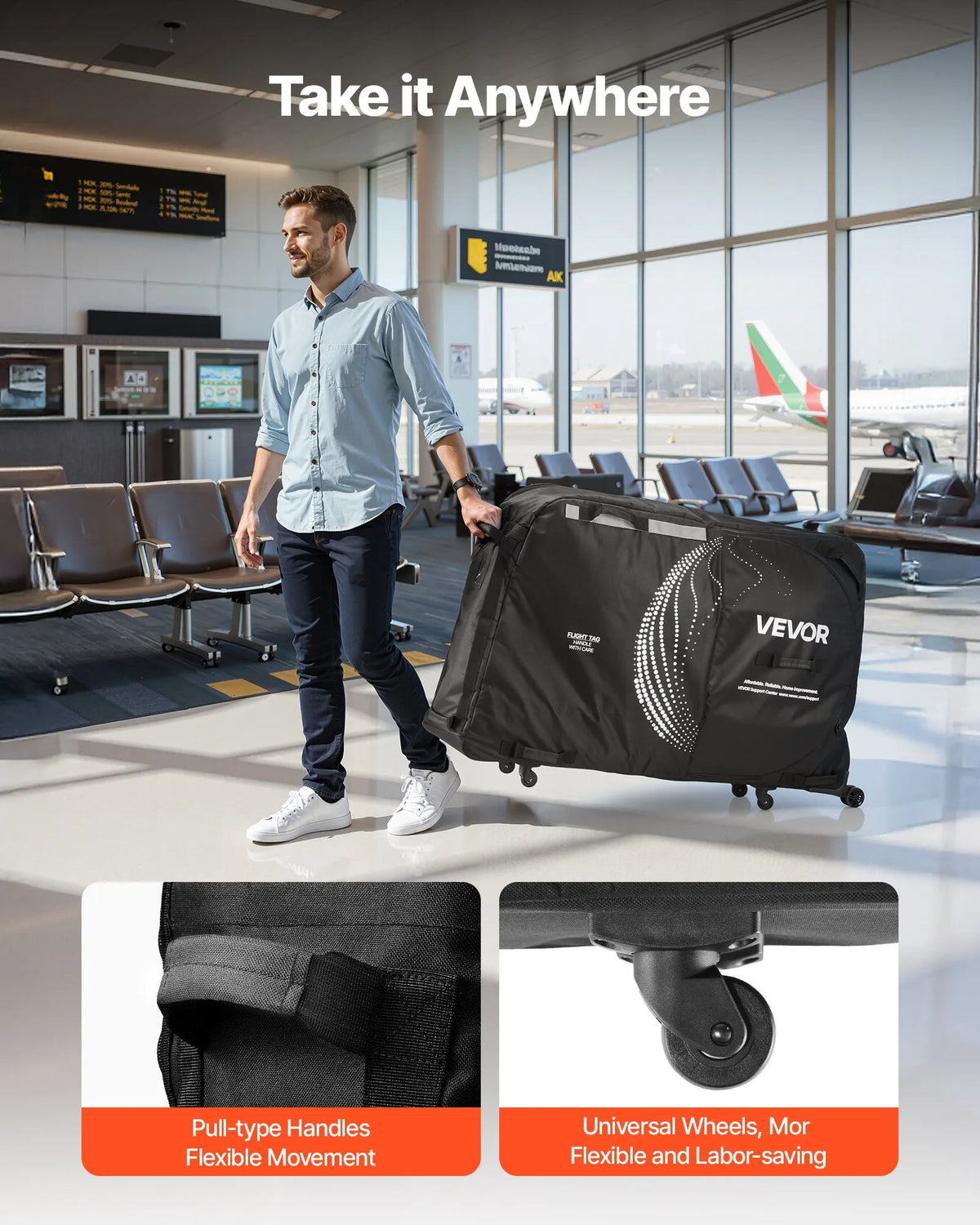 VEVOR velosipēda transportēšanas soma ar TSA slēdzeni, balsta plāksnēm un dakšas stiprinājuma stabilizāciju, piemērota velosipēdiem ar maksimālo riteņu bāzi 130 cm, ceļošanai ar lidmašīnu un āra lietošanai - ZEMLETES.LV