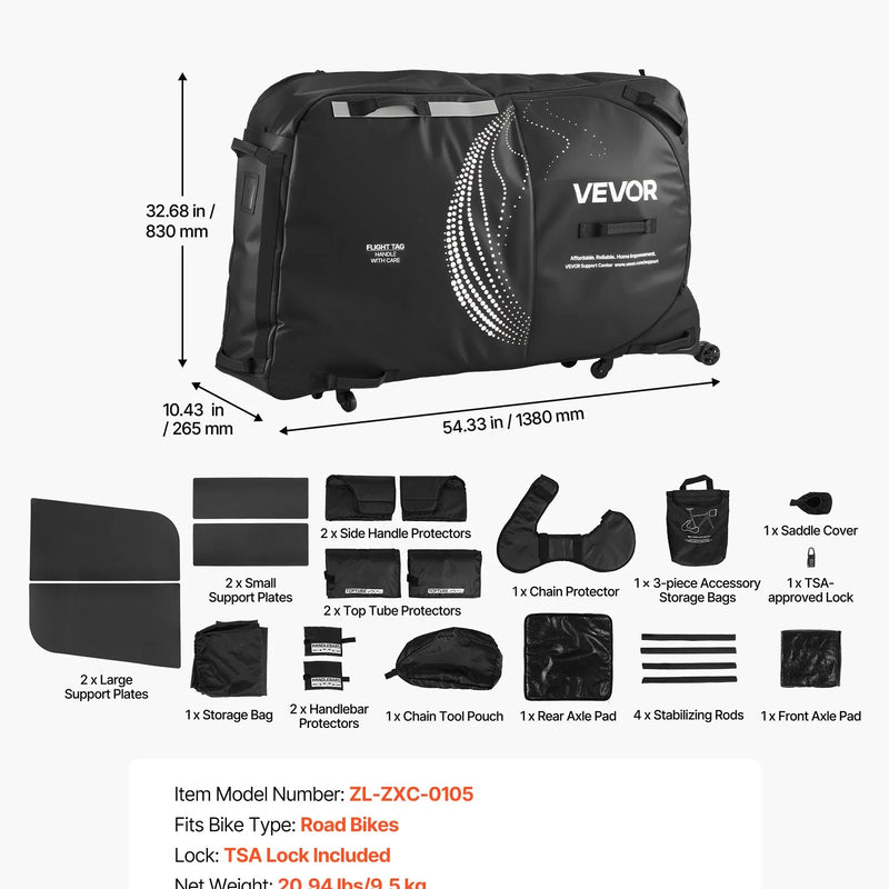 VEVOR velosipēda transportēšanas soma ar TSA slēdzeni, balsta plāksnēm un dakšas stiprinājuma stabilizāciju, piemērota velosipēdiem ar maksimālo riteņu bāzi 130 cm, ceļošanai ar lidmašīnu un āra lietošanai - ZEMLETES.LV