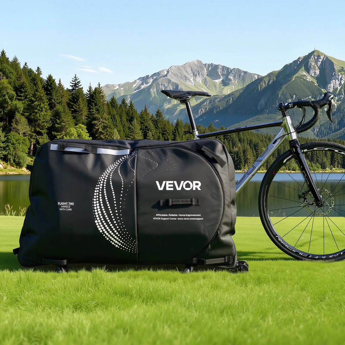 VEVOR velosipēda transportēšanas soma ar TSA slēdzeni, balsta plāksnēm un dakšas stiprinājuma stabilizāciju, piemērota velosipēdiem ar maksimālo riteņu bāzi 130 cm, ceļošanai ar lidmašīnu un āra lietošanai - ZEMLETES.LV