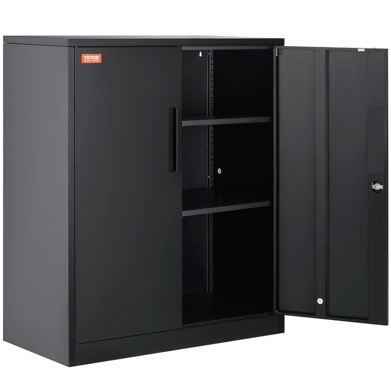 Metāla skapis ar 2 magnētiskām durvīm un 4 regulējamiem plauktiem, nestspēja 90 kg uz plaukta, slēdzams tērauda skapis ar 3 atslēgām, 107 cm, birojam, garāžai, mājai, melns