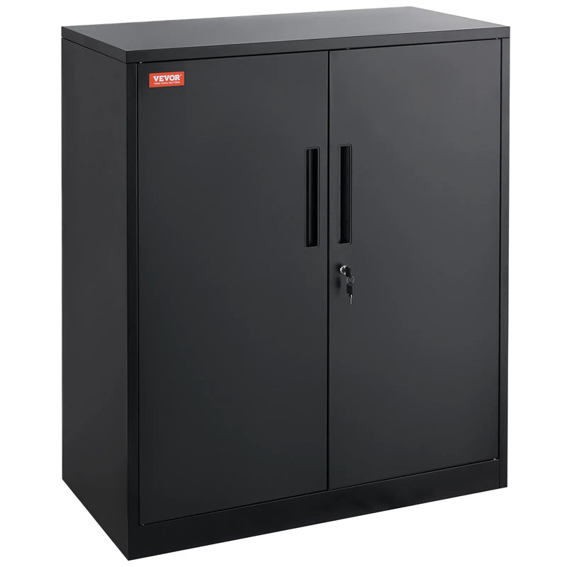Metāla skapis ar 2 magnētiskām durvīm un 4 regulējamiem plauktiem, nestspēja 90 kg uz plaukta, slēdzams tērauda skapis ar 3 atslēgām, 107 cm, birojam, garāžai, mājai, melns