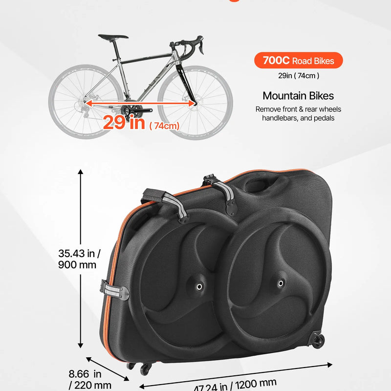 VEVOR velosipēda transportēšanas soma ar EVA cieto apvalku, ātrās atbrīvošanas sprādzes, dubultais rāvējslēdzējs, TSA slēdzene un riteņi, piemērota 700C šosejas velosipēdam, melna - ZEMLETES.LV