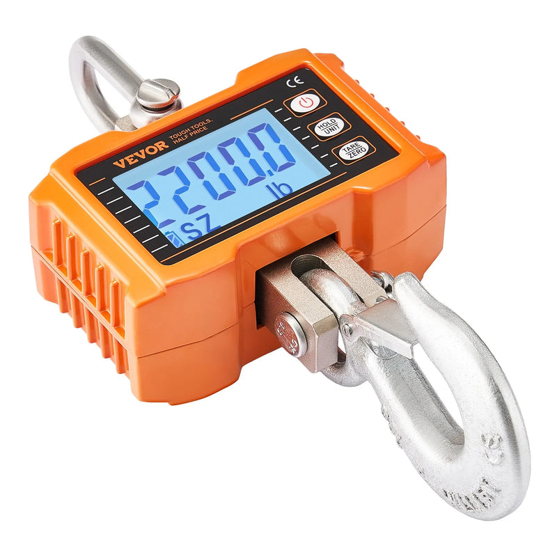 VEVOR Digitālie celtņa svari 1000 kg, industriālie piekaramie svari ar tālvadības pulti, alumīnija korpusu un LCD ekrānu, augstas precizitātes svari būvniecībai, rūpniecībai, saimniecībai un medībām, oranži