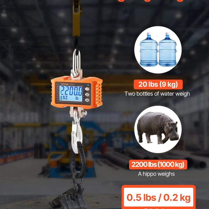 VEVOR Digitālie celtņa svari 1000 kg, industriālie piekaramie svari ar tālvadības pulti, alumīnija korpusu un LCD ekrānu, augstas precizitātes svari būvniecībai, rūpniecībai, saimniecībai un medībām, oranži