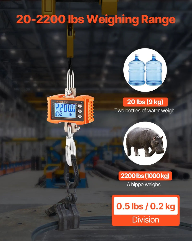 Digitālie celtņa svari 1000 kg, industriālie piekaramie svari ar tālvadības pulti, alumīnija korpusu un LCD ekrānu, augstas precizitātes svari būvniecībai, rūpniecībai, saimniecībai un medībām, oranži